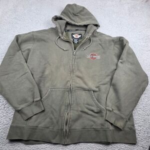 Harley Davidson Y2K Hoodie Mens XL Olive Green Excellent Full Zip Graphic